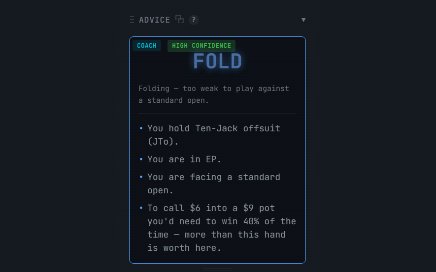 The Coach panel recommending a fold and explaining why