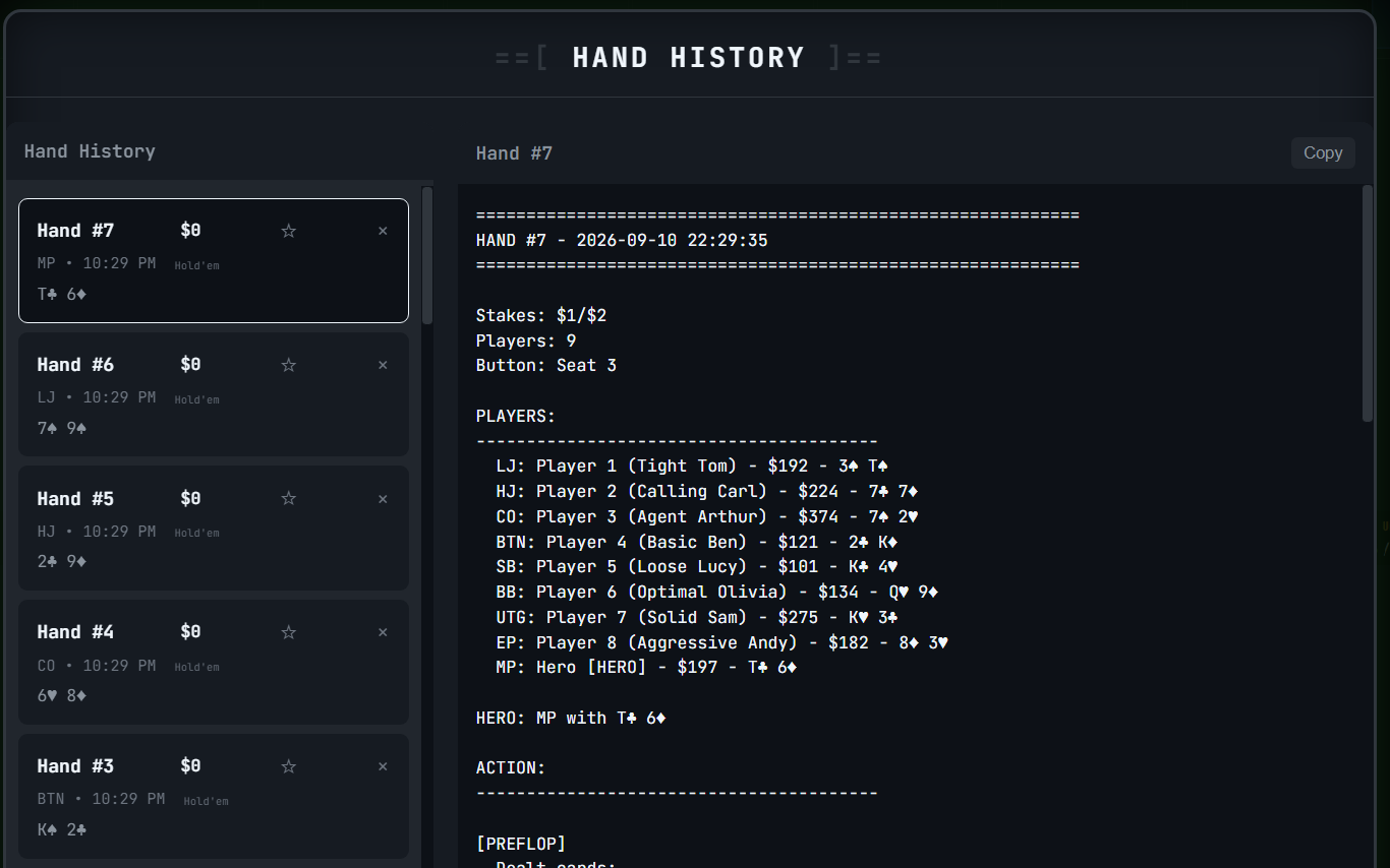 The hand history view: every hand listed on the left, the full hand record on the right